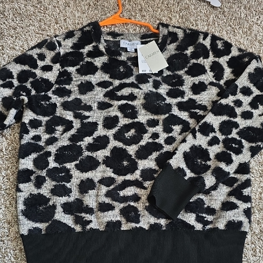 Carmen Marc Valvo Black and Cream Animal Print Sweater